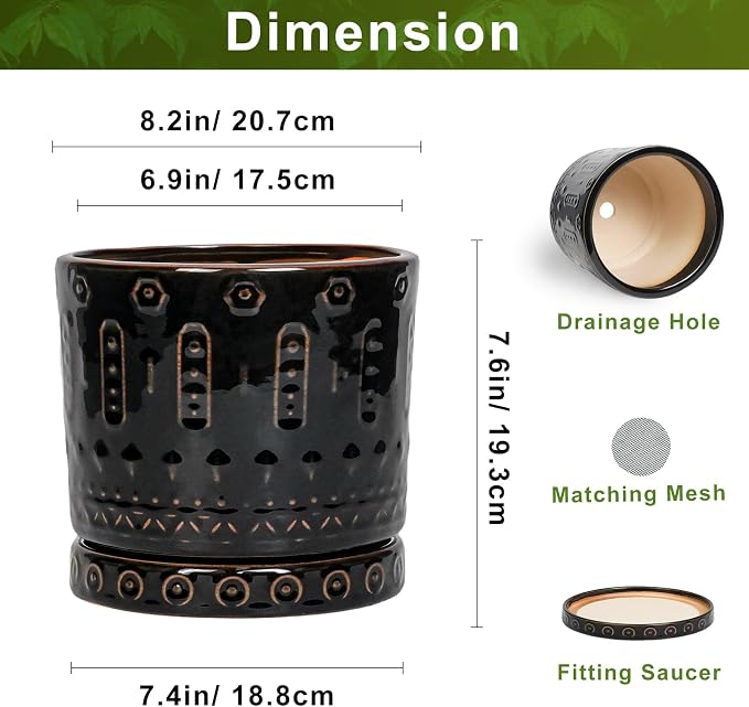 Eightpot 8 Inch Pots for Plants, Ceramic Plant Pot for Indoor Outdoor, Round Planter with Drainage Hole and Tray, Modern Flower Pot, Decorative Plant Pots, Room Decor, House Warming Gifts, Black