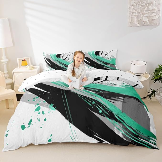 Erosebridal Black and Teal Duvet Cover King - Striped Bed Set for Boys Adults Girls Geometric Decorative Abstract Bedding Set Minimalists Graffiti Aesthetic Lines Bed Cover