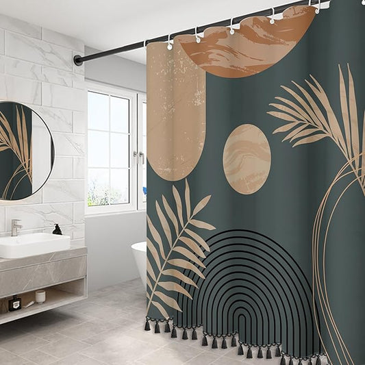 Boho Mid Century Leaf Shower Curtain Set,Arch Sun Design,Minimalistic Leaves Pattern,Waterproof and Luxurious Fabric-12 Hooks(Brown-72" x 84")