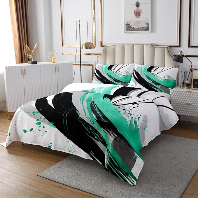 Erosebridal Black and Teal Quilt Set King - Striped Bedspread Set for Boys Adults Girls Geometric Decorative Abstract Coverlet Sets Minimalists Graffiti Aesthetic Lines Bedding Sets