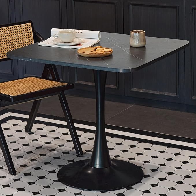 Square Modern Dinning Table 30 inches for 2-4 Bistro Tulip Table with Faux Marble top,Easy Assemble,no Wobble,Stable Sturdy Metal Frame Diameter 30in*H28.74in (Black, 30in)