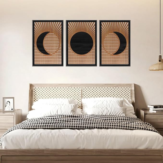 CHDITB Wooden Moon Phase Celestial Framed Wall Decor(Set of 3, 16"x24"), Boho Geometric Moon Appearance Line Art Hollow Laser Cut Decor, Nordic Gothic Minimalist Artwork Wall Sculpture for Living Room Bedroom