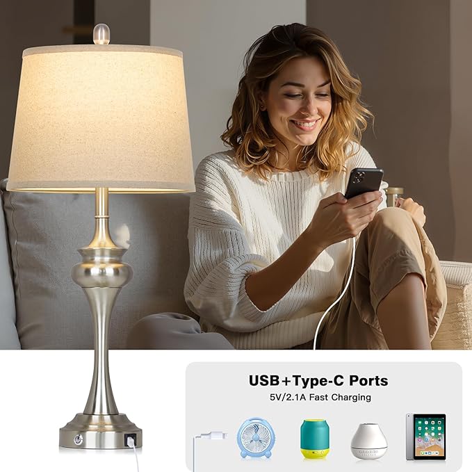 Rinweey 30" Silver Table Lamps Set of 2, 3 Way Touch Control Living Room Lamp with USB A+C Ports, Modern Brushed Nickel Bedroom Lamps, Tall Metal Bedside Lamp for Nightstand Desk Side Table Office