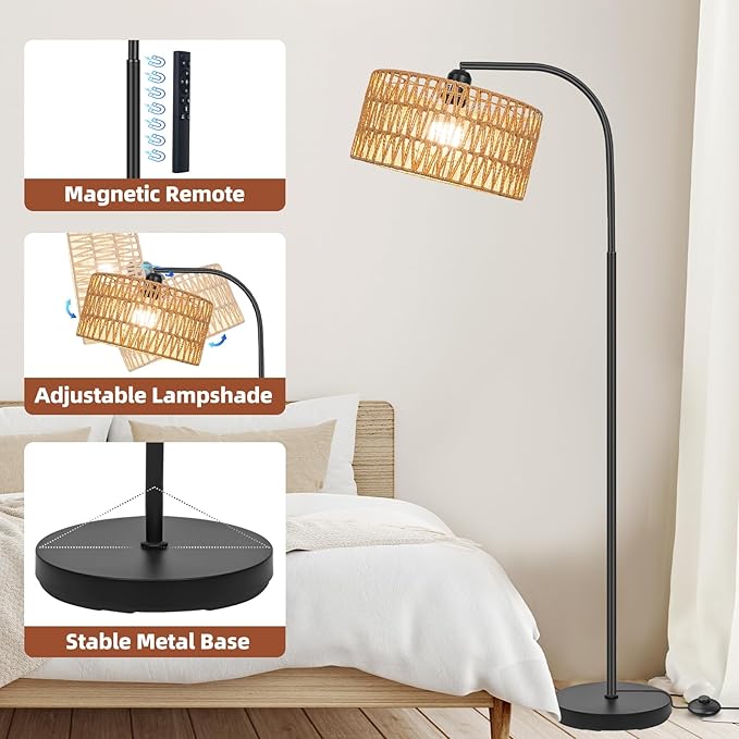 Rattan Floor Lamps for Living Room, Boho Standing Lamps with Rattan& Linen Double Shades, Arc Lamps Floor Standing with 9W Bulb, Foot Switch, Bohemian Floor Lamps for Bedroom, Office