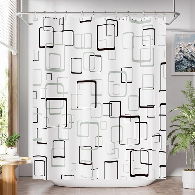 AmazerBath Shower Curtain Grey, Geometric Plaid Cloth Shower Curtain Sets with 12 Shower Curtain Hooks, Washable Fabric White Shower Curtain, Luxury Farmhouse Bathroom Shower Curtain, 72x72 Inches