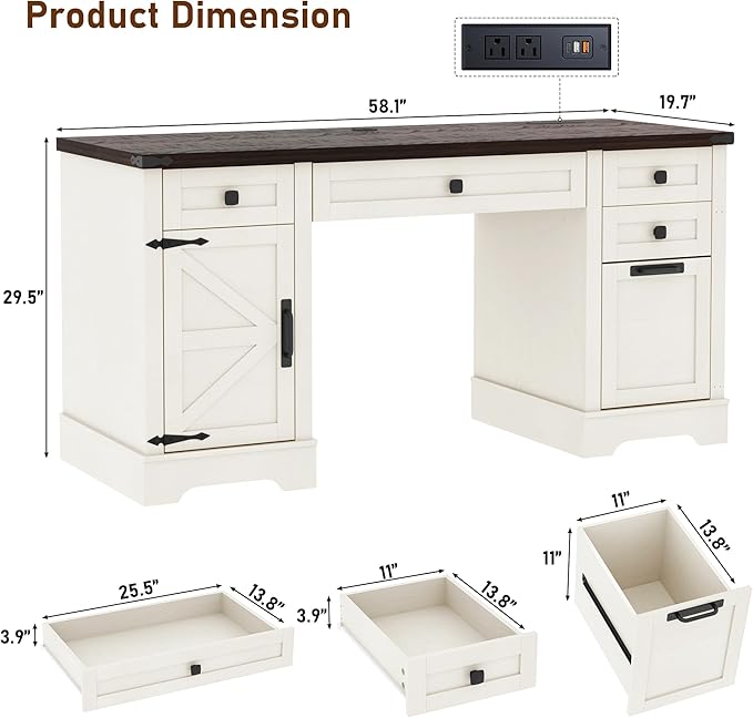 Squireewo 58'' Farmhouse Home Office Desk with Drawers, Wooden Executive Desk with Charging Station, File Drawers and Storage Cabinet, Computer Desk for Work, Study and Writing, Rustic White