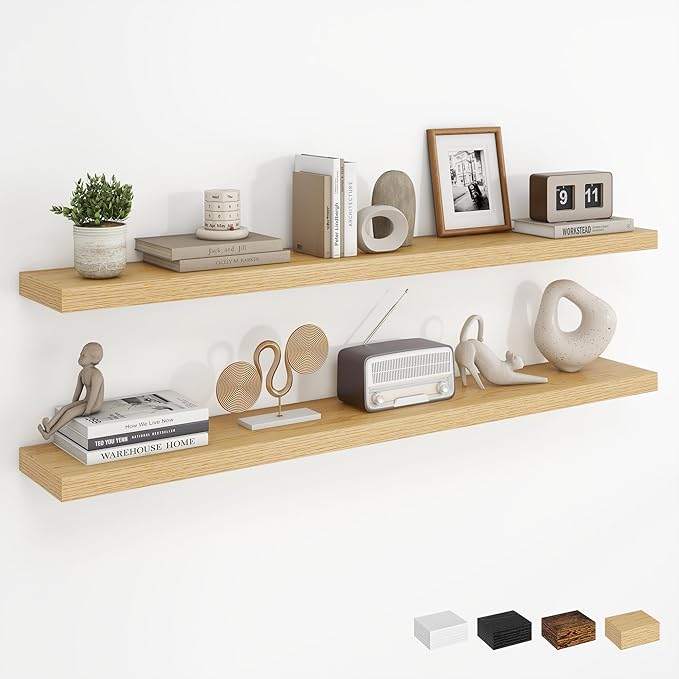 Dreamland 48Inch Floating Shelves for Wall, Rustic Wooden Storage Shelf for Living Room, Kitchen, Farmhouse, Wall Mounted Display Shelving with Invisible Heavy-Duty Metal Bracket, Set of 2 - Oak