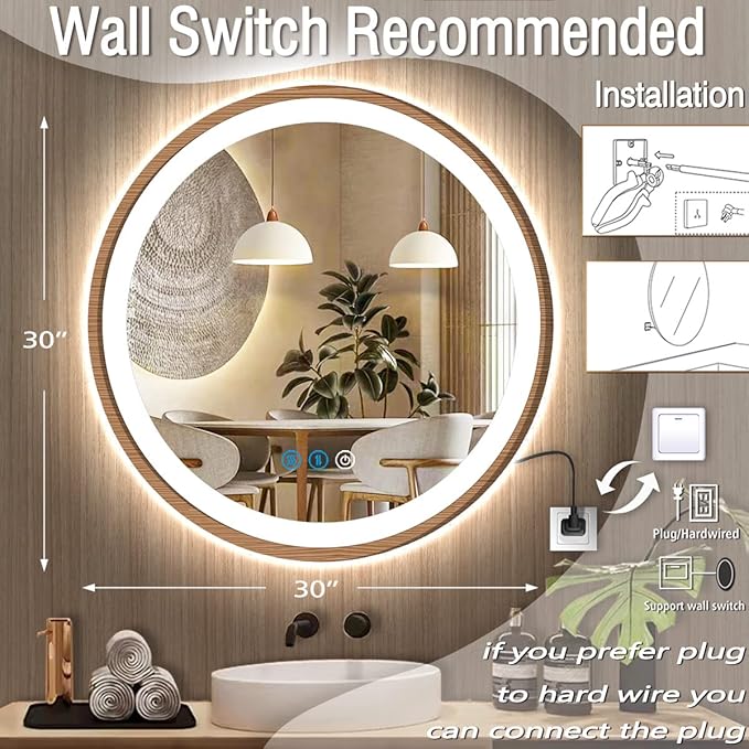 30 Inch Bathroom Round Wood LED Mirror with Wood Frame Round Lighted Vanity Mirror with Lights 3 Color Dimmable Anti Fog 30" Wood Circle LED Mirror for Bathroom Wall Round Smart Light up Mirror