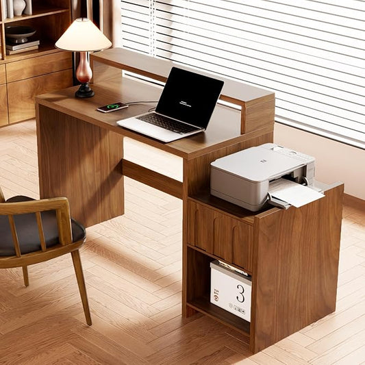 60 Inch Executive Desk with Drawer, Farmhouse Home Office Desk with Printer Shelf, Mid Century Modern Walnut Computer Desk Work Table, Monitor Shelf, Charging Station, for Study, Living Room, Brown