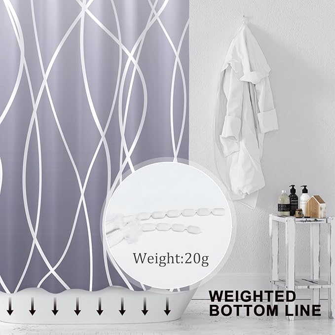 Punkray Ombre Purple Shower Curtain for Bathroom with Hooks, White Shower Curtain Set, Stripe Bath Curtains Decorative Shower Curtains Water Repellent Washable, 72 x 72