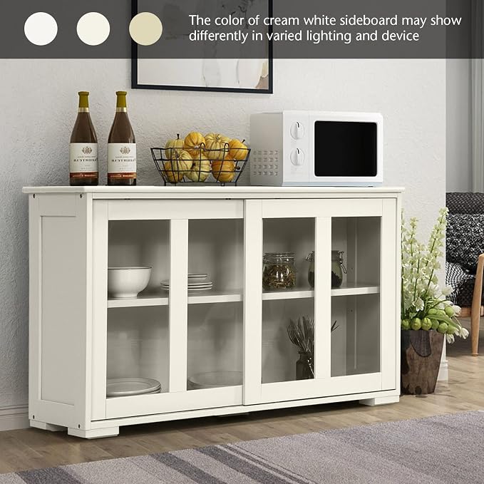 Sideboard Buffet Cabinet, Stackable Cupboard Storage Table with Adjustable Shelf & Glass Sliding Doors, Wooden Credenza Coffee Bar Cabinet for Kitchen/Dining Room/Living Room/Entryway (White)
