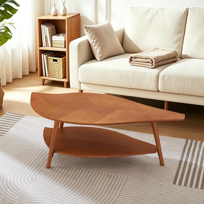 Small Coffee Table with Storage,Unique Leaf Handcrafted Marquetry,Mid Century Modern Oval Wooden Coffee Table,Natural Oak Veneer, Solid Wood Legs,for Living Room,Apartment(Walnut)