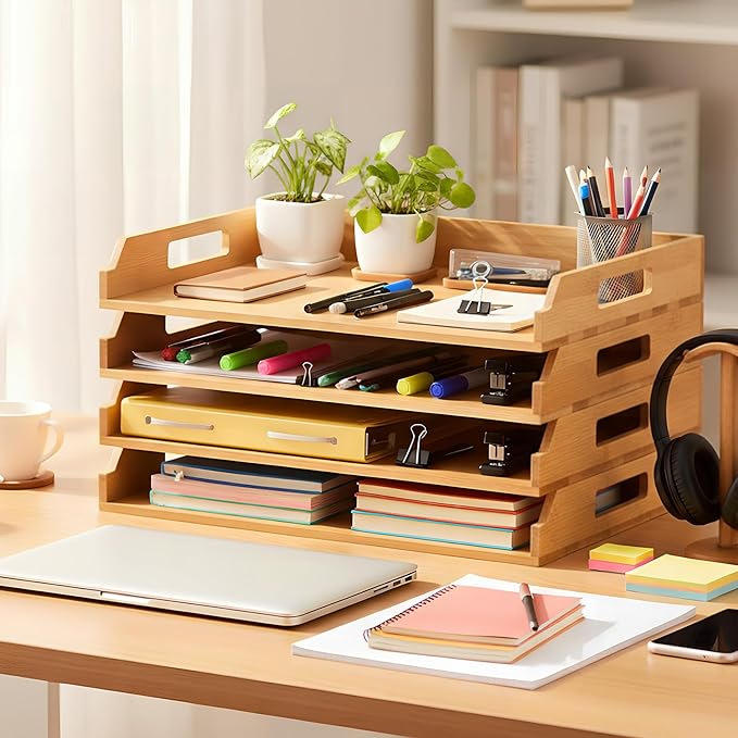 AceOrbit 4 Pcs Stackable Paper Tray Bamboo Wood Desk Organizer Letter Tray 4 Tier Wooden File Organizer Desk Shelf for Documents, Letter Sorter, Envelopes and Magazine Holder