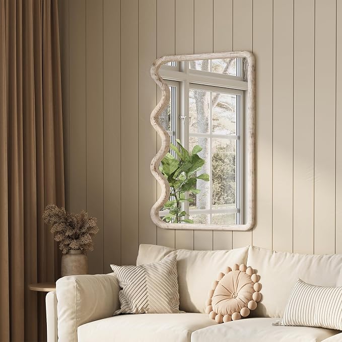 ULIKE Wavy Mirror for Wall, Rustic Wood Mirror for Bathroom Vanity, 24x36 Wooden Wall Mirrors Decorative for Bedroom, Living Room, Entryway, White