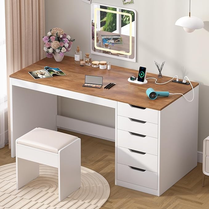 YOMILUVE 47 Inch Computer Desk with 5 Drawers and Power Outlets, Home Office Desks with Storage File Cabinet, Modern Simple Laptop Desk Writing Table for Small Spaces, Brown and White