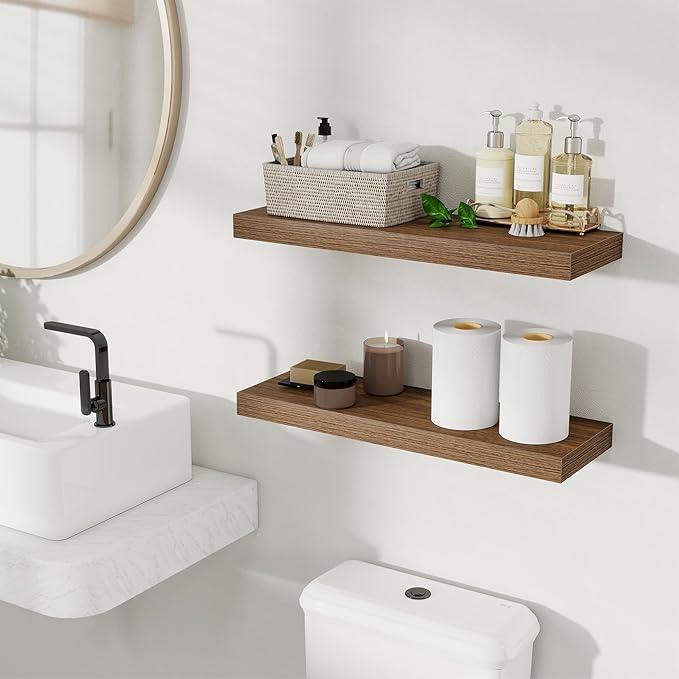 Fun Memories Rustic Wood Floating Shelves for Wall, Space-Saving Wall Mounted Shelves for Bathroom, Bedroom, Living Room and Kitchen, Stylish Storage & Display (Set of 2, Walnut, 24 in)