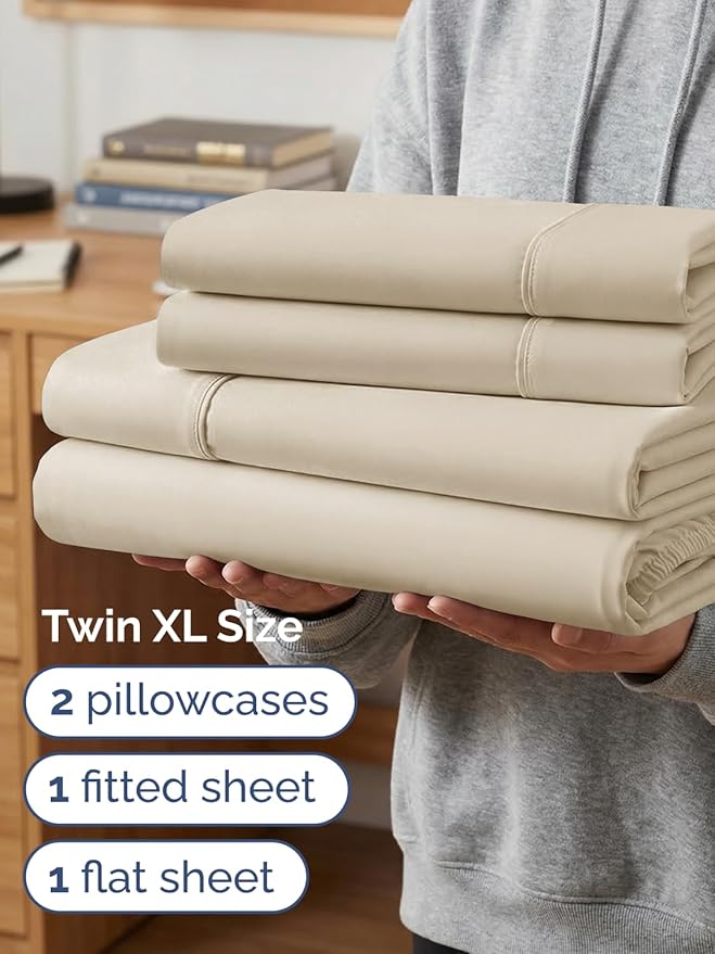Extra Deep Twin XL Sheet Set - 4 Piece College Dorm Bed Sheets Set with Extra Deep Pockets - Ultra-Soft, Comfy & Breathable Bedding for Women, Men, Kids & Teens - Wrinkle Free & Fade Resistant - Wheat