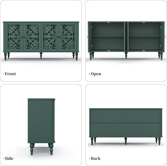 ARTPOWER 63" Retro Arc Carved Sideboard Buffet Cabinet, 4 Craft Doors Wooden Accent Credenza for Living Room, Dining Room, Entryway, Hallway, Green