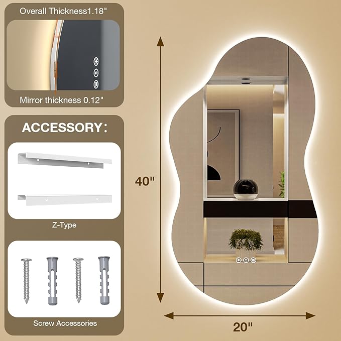 Irregular Cloud Backlit Bathroom Mirror 20x32 Inch, LED Vanity Mirror with Lights Anti-Fog, Dimmable 3 Colors, 4mm Tempered Glass, Horizontal/Vertical Wall Mount for Bathroom or Makeup Area