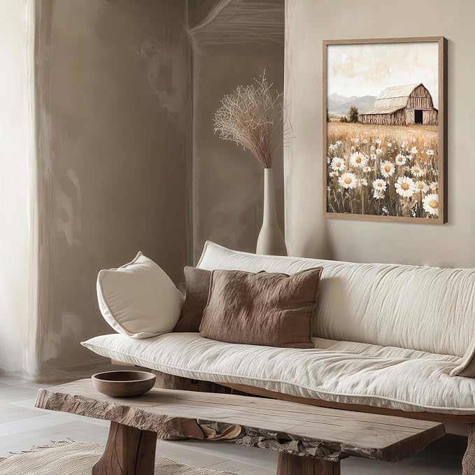 Framed Canvas Wall Art Rustic Barn Daisy Field Print Country Landscape Poster Farmhouse Picture Gallery Artwork Living Room Bedroom Office Apartment 12X16 Inch Ready to Hang