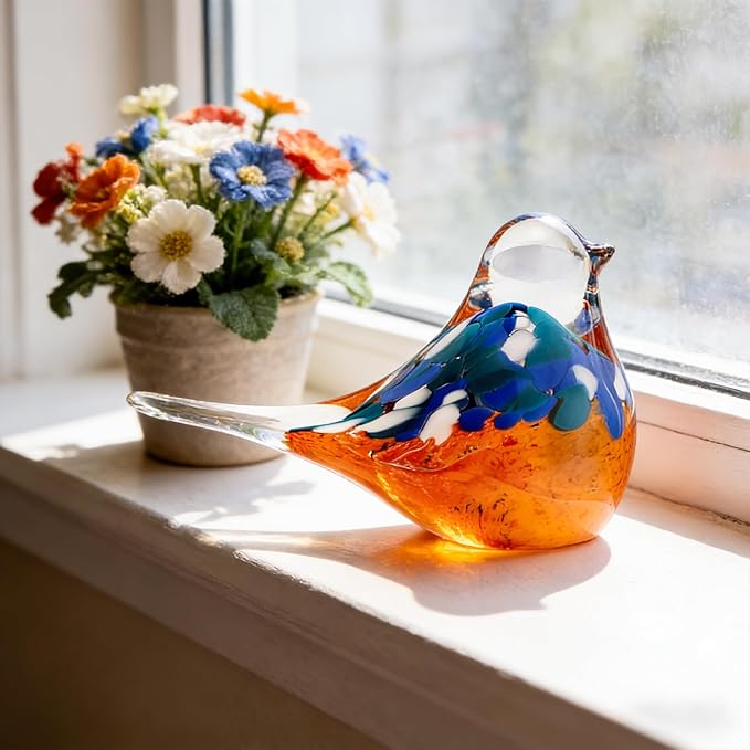 Blown Glass Birds - Glass Art Bird Decor, Hand Blown Glass Animal Figurines Paperweight for Home Shelf Decor