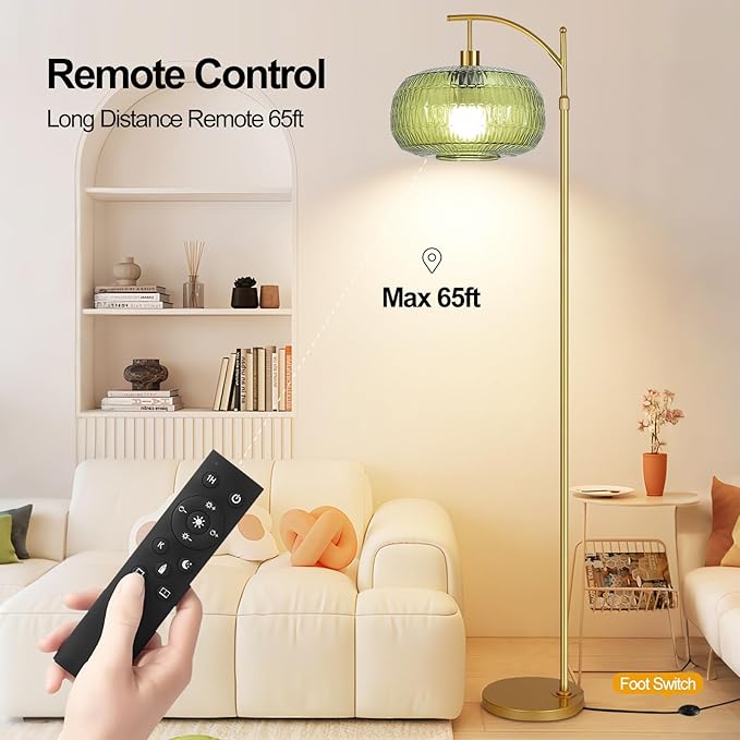 QIYIZM Green Floor Lamp for Living Room,Bedroom,Gold Dimmable Standing Lamp with Remote,Mid Century Modern Brass Tall Lamp Boho Floor Lamps Arc Stained Glass Floor Light Lamp Girls Bohemian