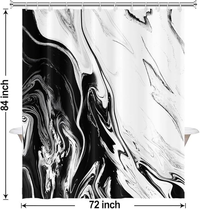 Black and White Shower Curtain, Modern Abstract Black Marble Shower Curtain for Bathroom Aesthetic Ink Texture Waterproof Shower Curtain Set with Hooks, 72x84 Inch