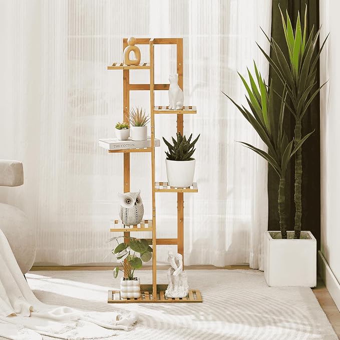 DolceLuna Plant Stand Indoor Corner, Tiered Bamboo Plant Shelf 46 Inch Tall, Plant Rack 6 Tier for Multiple Small Plants, Flower Holders for Living Room Bedroom Window Patio Balcony, Natural