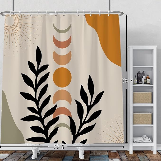 Baocicco Mid Century Shower Curtain Sun and Moon Boho Botanical Abstract Shower Curtains Decorative for Bathroom Bathtubs Waterproof Fabric Shower Curtain with Hooks 72x78 Inches
