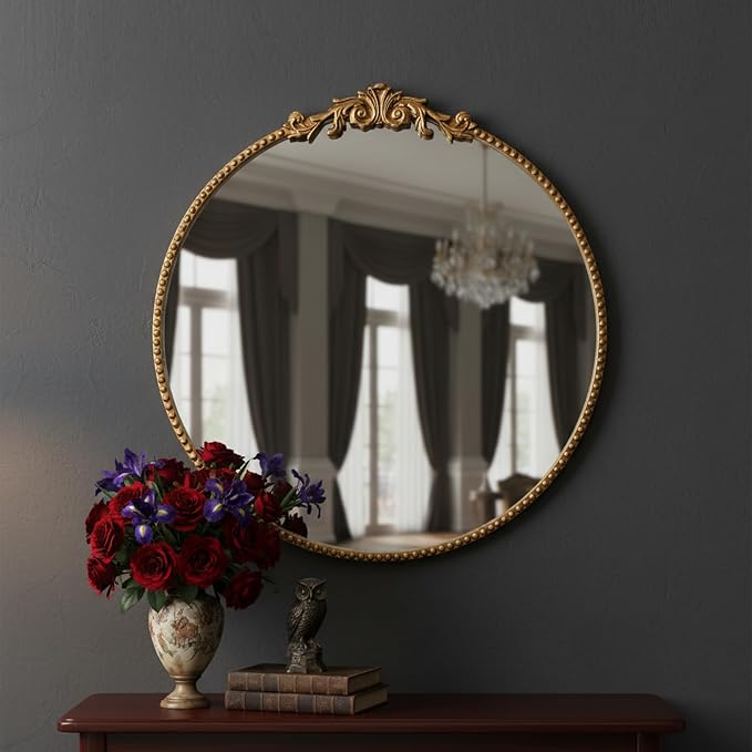 ZIYOO Vintage Baroque Round Wall Mirror 24"x24", Gold Ornate Carved Frame Decor Mirror for Entryway Living Room Bedroom Hallway (Gold Metal,24"x24")