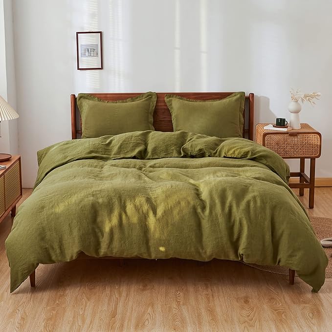 Simple&Opulence 100% Linen Duvet Cover Set, Natural French Flax Olive Green Duvet Cover Twin Size, Breathable Soft Comfy Linen Bedding Comforter Cover with 1 Pillowcase(Olive Green, 68"x86")