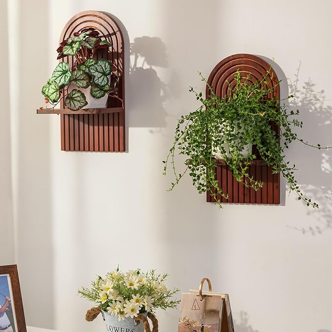Mid Century Modern Decor: Walnut Boho Floating Shelves Arched Wall Decor for Bathroom Bedroom Living Room Nursery