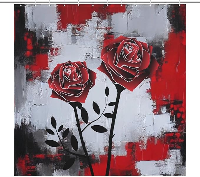 Red Rose Abstract Shower Curtain Nature Red Rose Floral Valentine's Day Artistic Waterproof Shower Curtains for Bathroom Decor 12 Pack Hooks 72x72in (183x183cm)