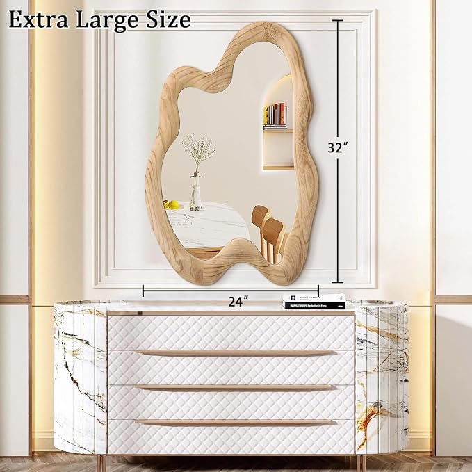 AAZZKANG Large Rustic Wall Mirror with Wooden Frame Irregular Wall Mirror 32"x24" Decorative Asymmetrical Hanging Mirror for Bathroom Bedroom Living Room Entryway