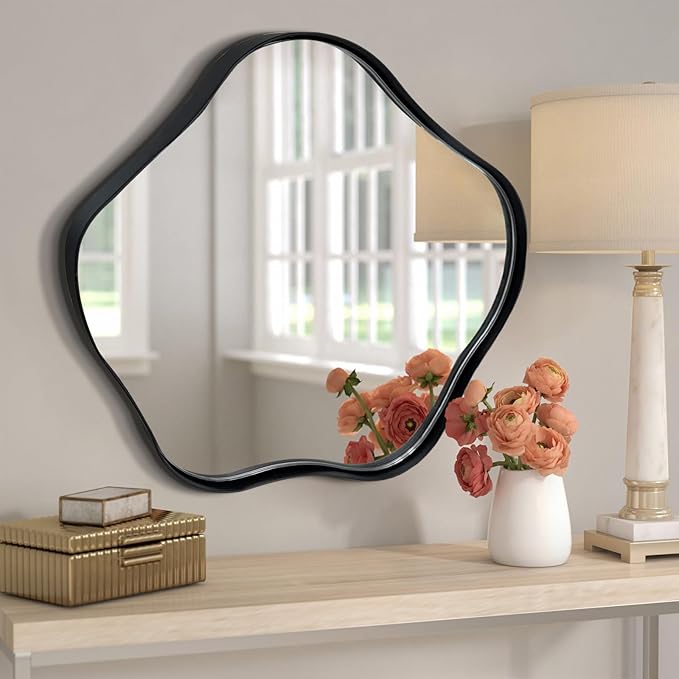 Irregular Shaped Mirror, 20" Modern Scalloped Mirrors, Asymmetrical Wall Mirror Decorative, Wavy Round Mirrors for Living Room Bathroom Bedroom Hallway Entryway Fireplace