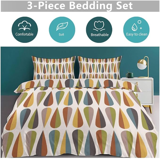 Mid Century Bedding Set,Modern Colorful bstract Geometric Drop Shapes Retro 1950s 1960s Geometry Pattern Comforter Set with Pillowcase for Bedroom Bed Decor，Twin 86"x70"