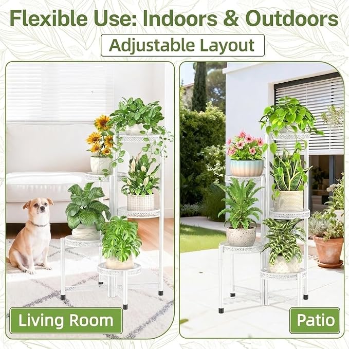 iDavosic.ly Plant Stand Indoor Outdoor, 5 Tier Corner Metal Flower Display Holder Shelf, Folding Tall Orchid Rack for Patio Balcony Porch Garden Living Room House, Wrought Iron - White