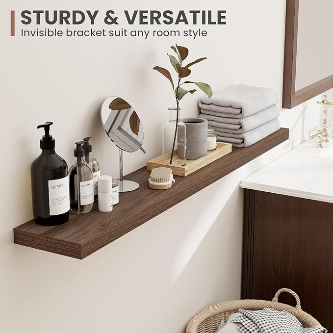 72 Inch Floating Shelves, 8 Inch Deep Floating Shelves for Wall, Hanging Shelf with Invisible Brackets, Deep Shelves for Bathroom, Bedroom, Living Room, Walnut, Set of 2