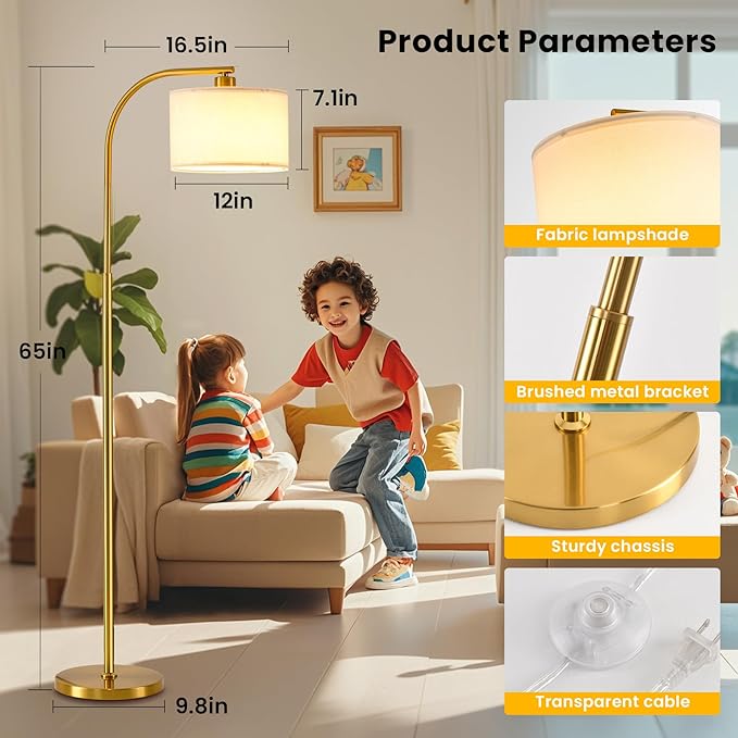 Tall Floor Lamp for Living Room,65'' Modern Standing Lamps with 9W LED Bulb,Elegant Floor Light with Fabric Shade,Gold Tall Lamp for Bedroom Office Study Room Corner Dining Room