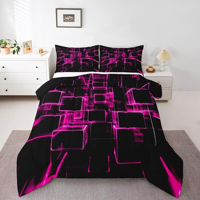 Erosebridal Girly Pink and Black Kids Comforter Set, Modern Abstract Geometric Square Bedding Sets for Boys Girls Gradient Neon Light Honeycomb Duvet Insert Twin with 1 Pillowcase