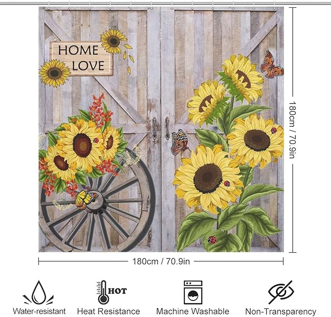 Rustic Sunflowers Butterfly Shower Curtain, Wooden Board Western Barn Door Farmhouse Vintage Daisy Floral Botanical Waterproof Shower Curtains for Bathroom Decor 12 Pack Hooks 72x72in (183x183cm)