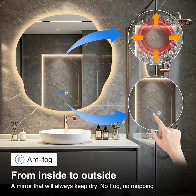 Asymmetrical Bathroom Mirror with Lights,Irregular LED Bathroom Vanity Mirror with Backlit,Anti-Fog,3 Colors and Dimmable Light with Memory,Hardwired Supported[Horizontal/Vertical] 36" H x 36" W