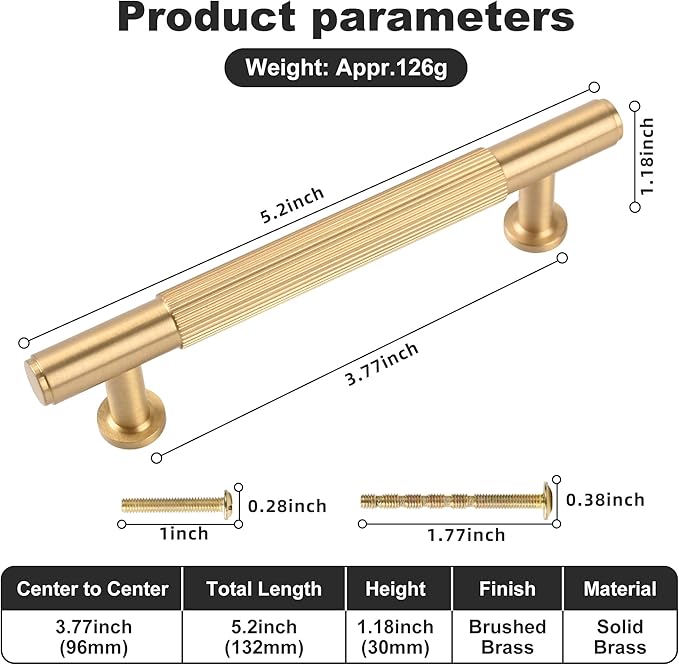 SALISENG-5 Pack Satin Gold Kitchen Cabinet Pulls, 3-3/4 Inches Brushed Brass Dresser Drawer Handles, Modern Gold Furniture Door Handles for Cupboard Vanity Wardrobe Cupboard