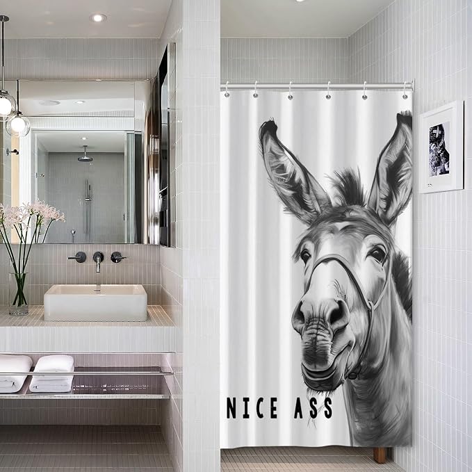 Funny Donkey Shower Curtains Joke Hilarious Animal Bathroom Curtain Rustic Farmhouse Cute Donkey White Shower Curtain Sets for Bathroom Extra Long 36x72 in with 6 Hooks