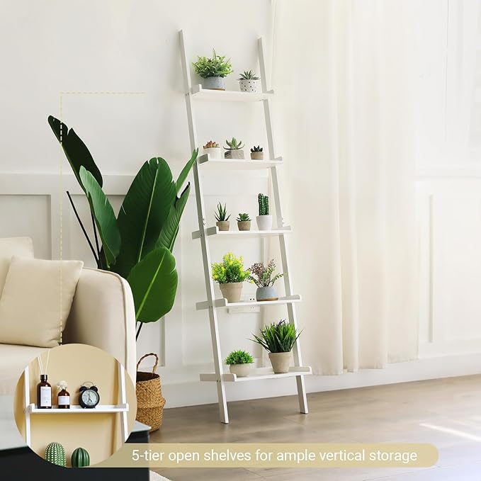 Ladder Shelf 5-Tier Bookshelf – Storage Rack Shelves Wall Leaning Shelf,White Freestanding Plant Flower Stand, Corner Display Bookcase