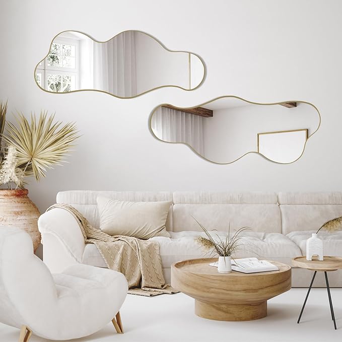 POZINO Irregular Wall Mirror, 39.3"x16" Asymmetrical Mirrors, Cloud Shaped Mirror, Gold Modern Abstract Mirrors for Bathroom Living Room Bedroom Entryway Hallway