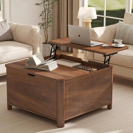 LYNCOHOME 31.5" Fluted Lift Top Coffee Table with Storage, Square Coffee Tables for Living Room, Coffee Table with Large Hidden Storage Compartment and Adjustable Shelves，Walnut