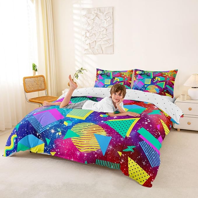 Galaxy Bedding Set Queen Size Colorful Starry Sky Duvet Cover,Vintage 80s 90s Memphis Comforter Cover Mens Hipster Hip-Hop Geometric Quilt Cover Green Blue Nebula Outer Space Room Decor