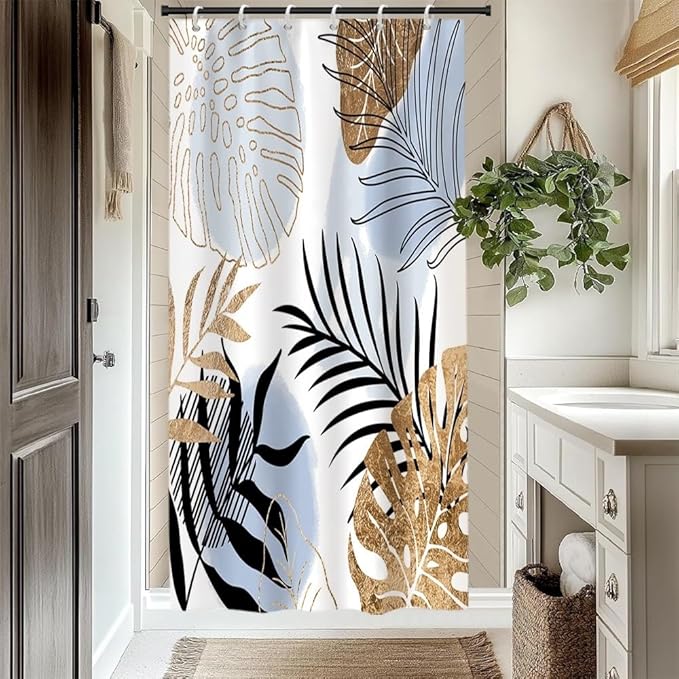 Modern Boho Shower Curtain Blue Gold Palm Leaves Abstract Aesthetic Bathroom Decor Gorgeous Watercolor Botanical Theme Bohemian Bath Curtains Washable Waterproof Polyester Fabric with Hooks 36x72 Inch