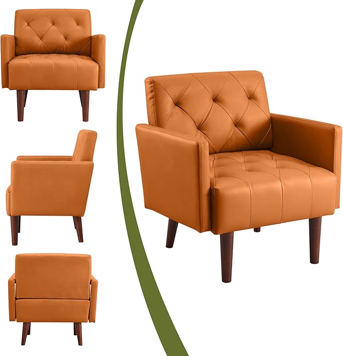 Faux Leather Accent Chair Modern PU Armchair, Retro Tufted Upholstered Arm Chair, Comfy Leather Club Chair Single Sofa for Living Room, Bedroom, Reading Room, Apartment (Orange)